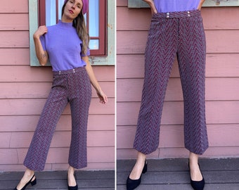 vintage 1970s Chevron Print Maroon Red & Grey Pants Pants- SM / M