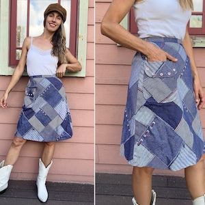 Vintage 1970s Patchwork Print Denim Skirt, Size XS 24W