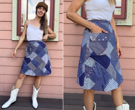 Vintage 1970s Denim Patchwork Print Deadstock A-line Skirt - S 