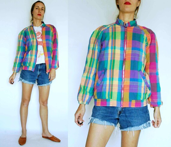 vintage 1980s Rainbow Plaid Bomber Jacket