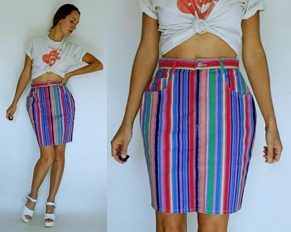 vintage 1980s Rainbow Colorful Striped Denim Skirt