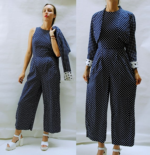 vintage 1980s Wide Leg Square Dot Jumpsuit with Cr