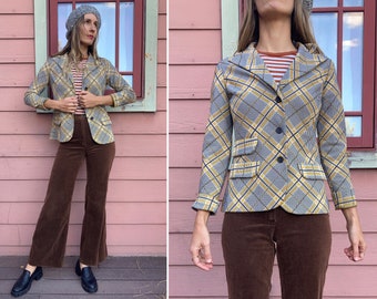 vintage 1970s Grey Yellow Plaid Fitted Blazer Jacket - S