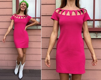 vintage 1980s Fuchsia Pink Cutout Neckline Dress- M / ML