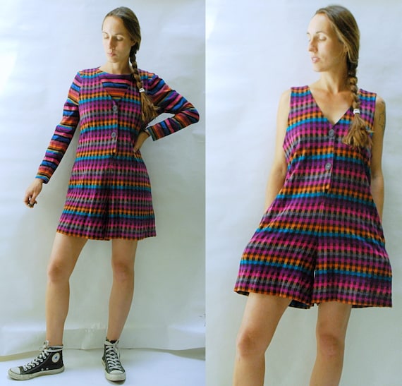 vintage 1980s Woven Gingham Romper and Striped Shi