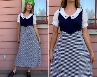 vintage 1970s Puff Sleeve Gingham Maxi Dress - S