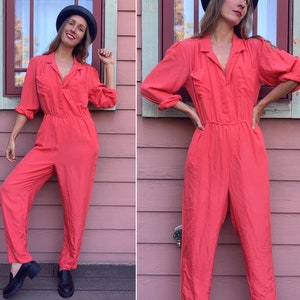 vintage 1980s / 1990s Silk Coral Salmon Pink Jumpsuit - M