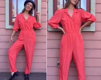 vintage 1980s / 1990s Silk Coral Salmon Pink Jumpsuit - M