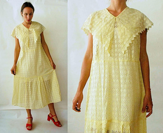antique 1920s Yellow Cotton Eyelet Drop Waist Dres