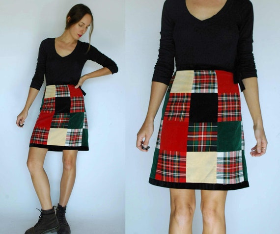 vintage 1970s Tartan Plaid & Velvet Patchwork Skir