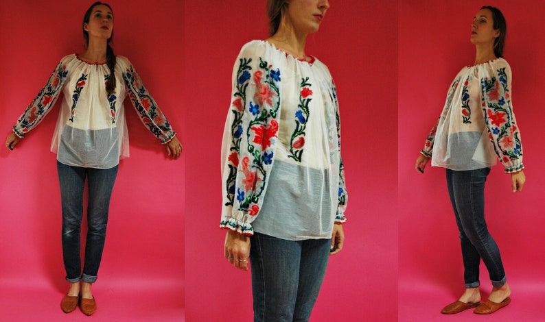 vintage 1970s Romanian Sheer Mesh Floral Embroidered Folk Blouse