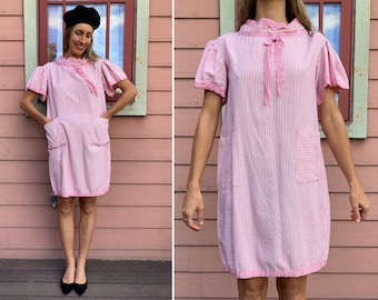 vintage 1960s Pink Striped Candy-Striper Pocket Dress with Flutter Sleeves-  M