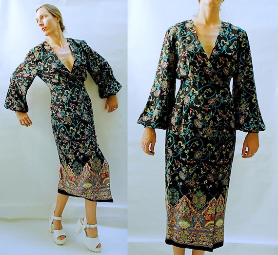 vintage 1980s Poet Sleeve Ornate Paisley Floral Pr