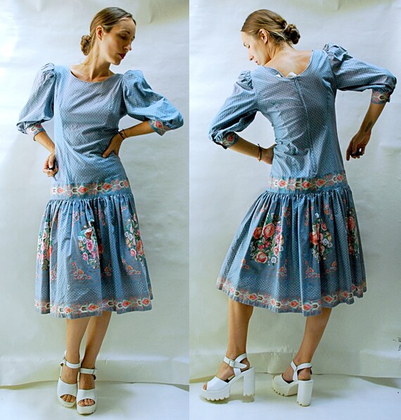 vintage 1980s Puff Sleeve Drop Waist Dress - DEADS