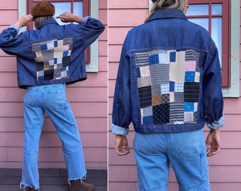 vintage 1970s Denim Jacket with Patchwork Back - M / L