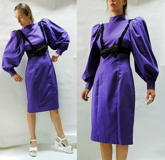 vintage 1980s Bishop Sleeve Purple Wiggle Dress -