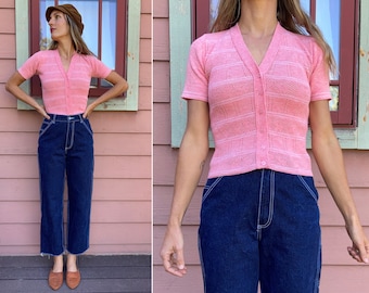 vintage 1970s  Pink Short Sleeve Striped Knit Cardigan Top - S