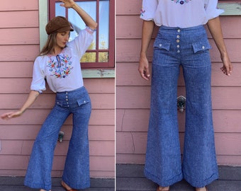 vintage 1970s Wide Leg High Waist Chambray Pants - S