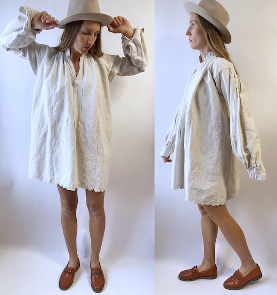 antique 1900s Handwoven Linen French Bakers Tunic… - image 2