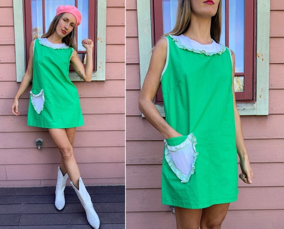 vintage 1960s Lime Green Mini Shift Dress with Ru… - image 1