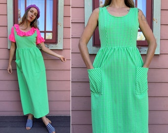 vintage 1960s / 1970s Lime Green Gingham Print Jumper Maxi Dress - M / L