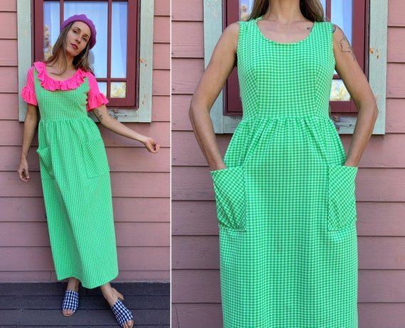 vintage 1960s / 1970s Lime Green Gingham Print Ju… - image 1