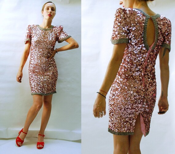vintage 1980s Pink Champagne Sequin Mini Dress wit