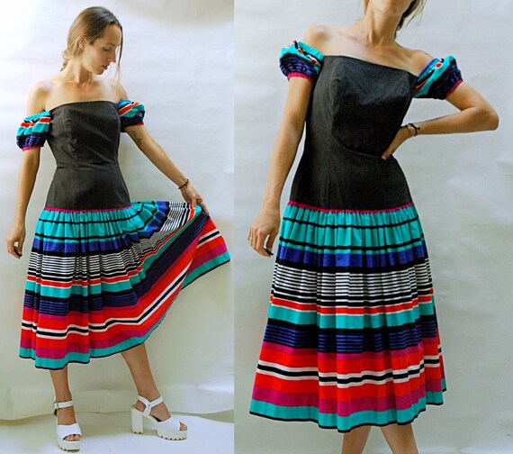 vintage 1980s Off Shoulder Drop Waist Striped Bust
