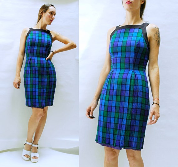 vintage 1980s Box Plaid Wiggle Dress - 1950s Style