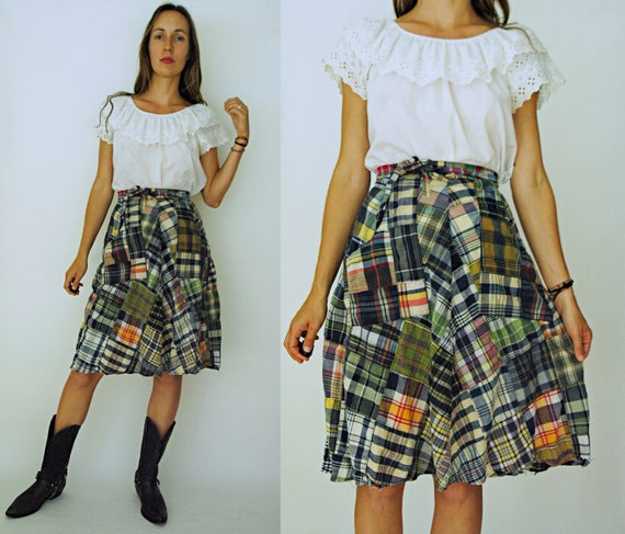 vintage 1970s Madras Plaid Patchwork Wrap Skirt