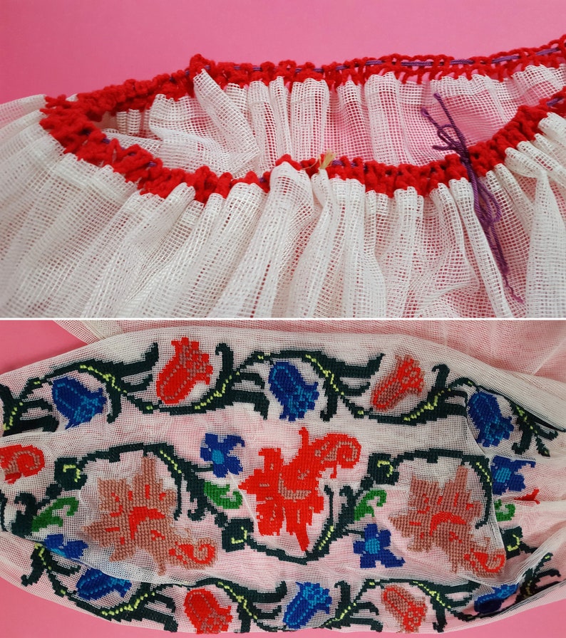 vintage 1970s Romanian Sheer Mesh Floral Embroidered Folk Blouse