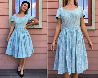 vintage 1950s Style Floral Cotton Full Dress circa 1980s - M