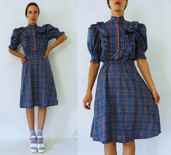 S 32 Chest Vintage 1970/'s Cotton Plaid Maxi Dress Short Puff Sleeve Dress Empire Waist Full Skirt Maxi Dress Boho Hippie Dress