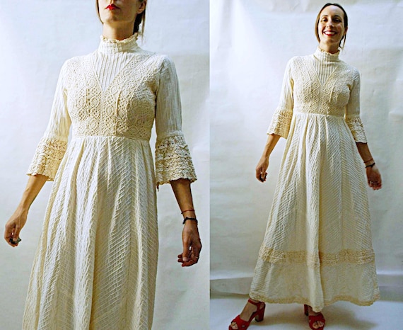 vintage 1960s Pleated Cotton & Crochet Gown / 1960