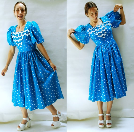 vintage 1980s Puff Sleeve Polka Dot Dress with Dai