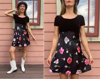 vintage 1990s Satin Floral & Velvet Babydoll Mini Dress - S