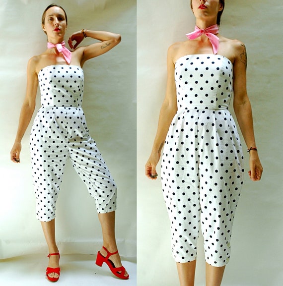 vintage 1980s Strapless White & Navy Polka Dot Cap