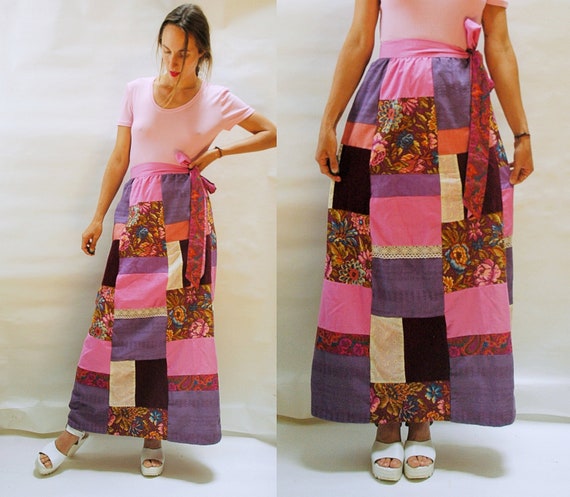 vintage 1960s / 1970s Patchwork Quilt Pink Purple