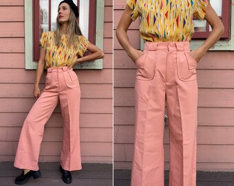 vintage 1970s Peach Wide Leg High Waist 1940s Style Trousers / Pants- S