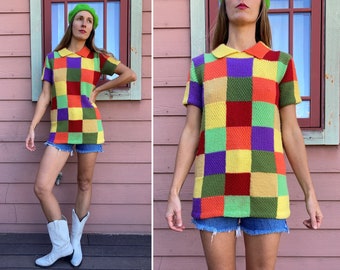 vintage 1960s / 1970s Knit Patchwork Tunic Sweater - S / M