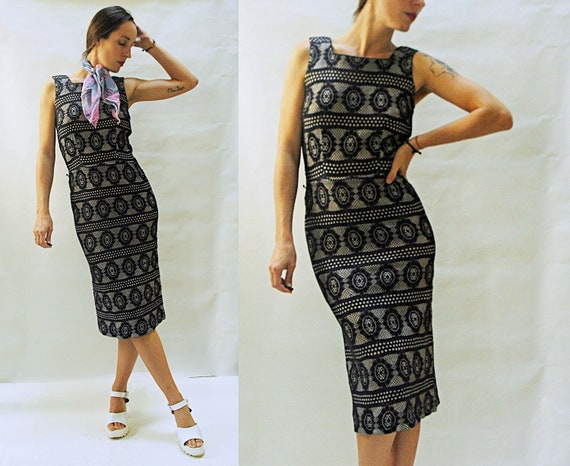 vintage 1950s Black Illusion Lace Print Wiggle Dre
