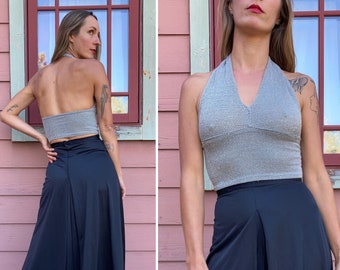 vintage 1970s Silver Shimmer Disco Halter / Cropped Top - XS /S