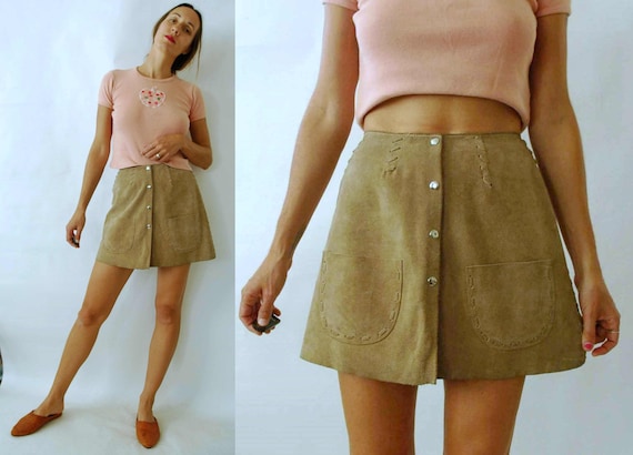 vintage 1970s Suede Leather Button Front Mini Skir