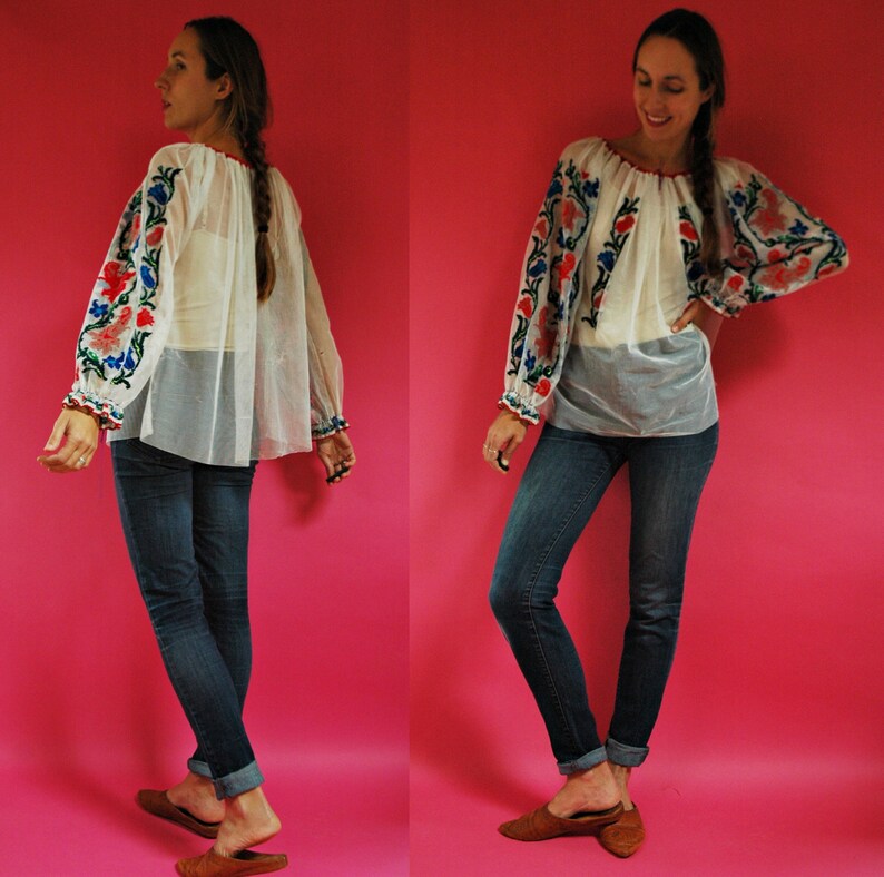 vintage 1970s Romanian Sheer Mesh Floral Embroidered Folk Blouse