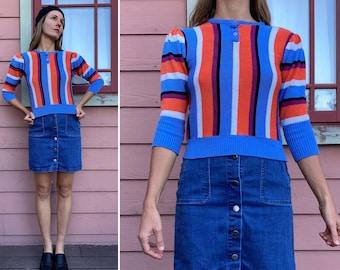 vintage 1970s Striped Puff Shoulder Lightweight Sweater - S