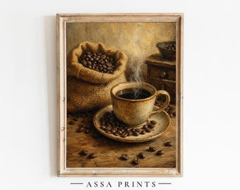 May include: A framed oil painting print titled ASSA PRINTS featuring a burlap sack filled with dark roasted coffee beans, a steaming ceramic cup of black coffee on a matching saucer, and scattered beans on a wooden surface with a small cabinet.
