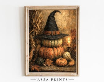 May include: A framed art print featuring a black witch hat resting atop a stack of pumpkins. The scene includes dried corn stalks, scattered autumn leaves, and a lit candle in a holder. The text "ASSA PRINTS" is visible at the bottom of the frame.