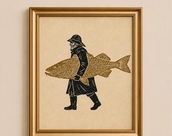 Könnte beinhalten: Ein gerahmter Druck mit der Aufschrift ASSA PRINTS zeigt eine schwarze Tuschezeichnung einer Person mit Regenhut und Mantel, die einen großen goldenen Fisch trägt. Das Bild ist auf beigem Grund in einem Goldrahmen gefasst.