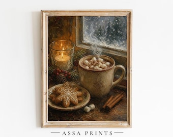 May include: A framed oil painting print titled ASSA PRINTS featuring a steaming mug of hot cocoa with marshmallows, a plate of star-shaped cookies, a lit candle in a glass holder, and cinnamon sticks, set against a snowy window view.
