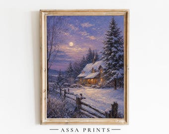 May include: A framed wall art print depicting a snowy winter landscape at twilight. A rustic cottage with glowing windows sits among snow-covered pine trees and a wooden fence under a pale moon in a purple and blue sky. Text reads ASSA PRINTS.